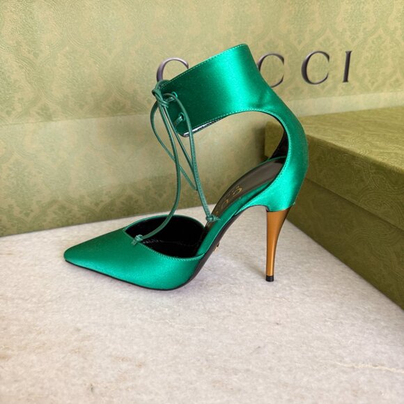 GUCCI 752966 Priscilla Emerald Green Satin Strap Gold Stiletto Heel 36+, US 6.5 - Picture 6 of 16